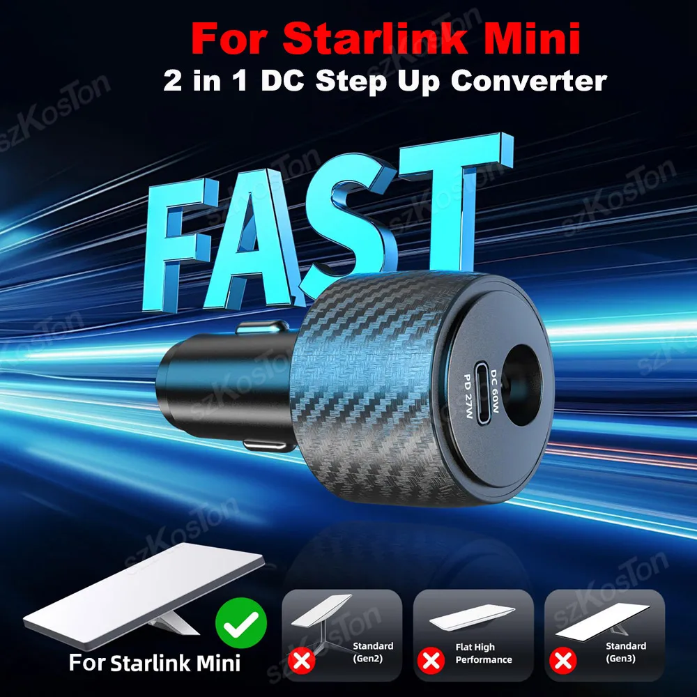For Starlink Mini Car Charger Adapter 2 in 1 30V DC & USB C Step Up Converter Fast Charging Portable Power for RV Boat Yacht