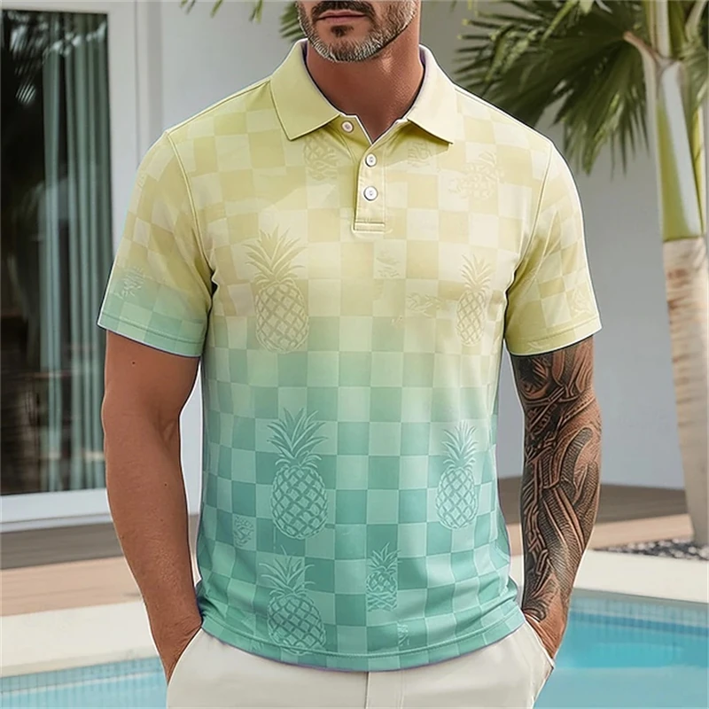 New Casual and Stylish Polo Shirt for Men Short-Sleeve T-Shirt with Collar 3D Pineapple Check Print Relaxed-Fit Outdoor T-Shirt