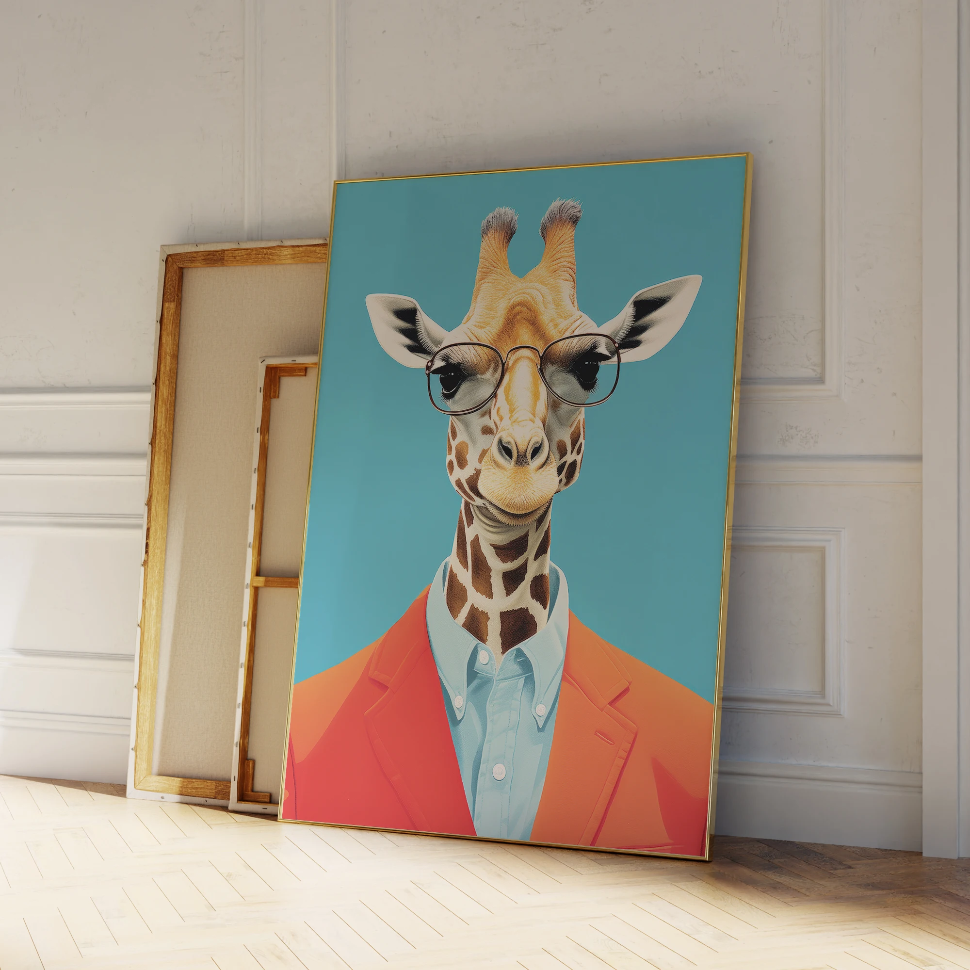 Moderne blaue lustige Giraffe im Anzug tanzen coole Tier-Wandkunstdrucke, Leinwandgemälde, Poster, Bild, Wohnzimmer, Heimdekoration