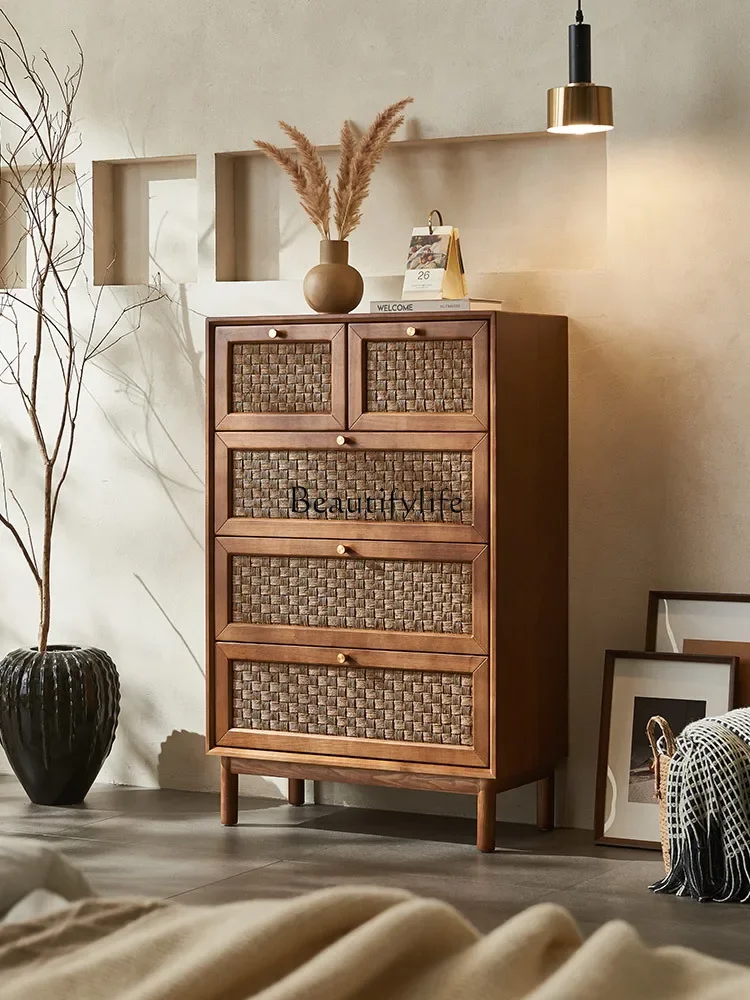 Solid wood rattan four chest cabinets, simple modern medieval drawers for storage, Japanese-style porch cabinets