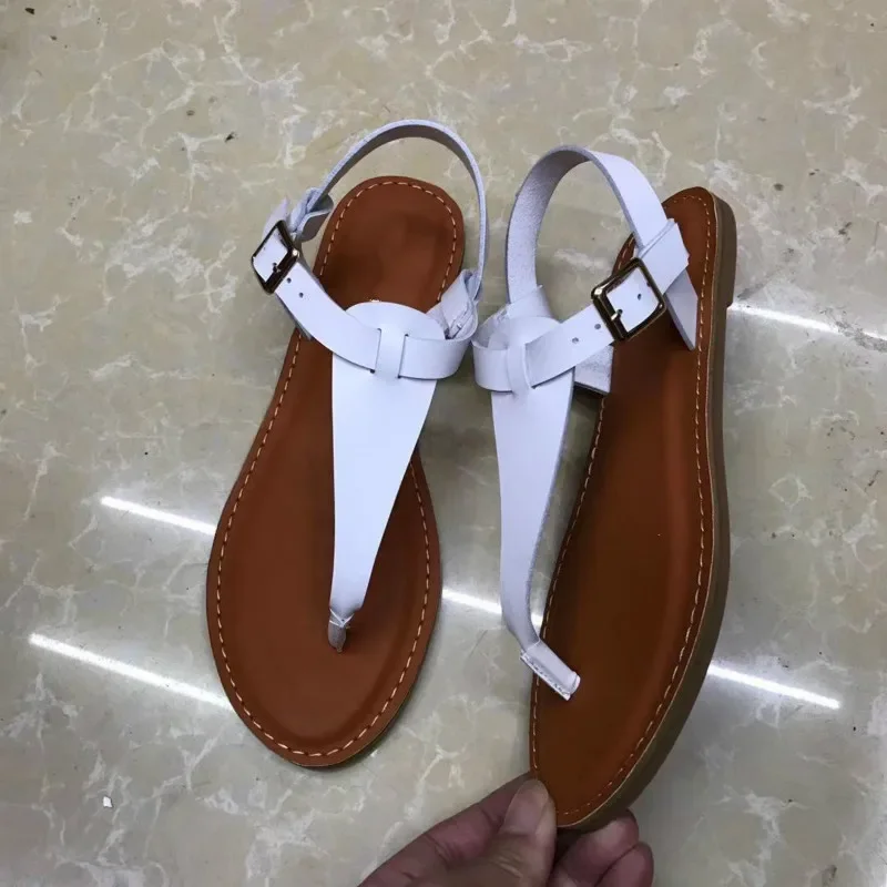 2024 Beach Sandals Women Summer Shoes Flat Heel Open Toe Flip Flops Buckle Leather Sandal Solid Yellow Large Size 37-41