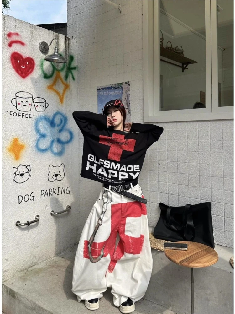 الأمريكية خمر كم طويل تي شيرت المتعثرة المرأة عادية طباعة الشرير نمط قمة الشارع الشهير ريترو الهيب هوب 2025 الخريف