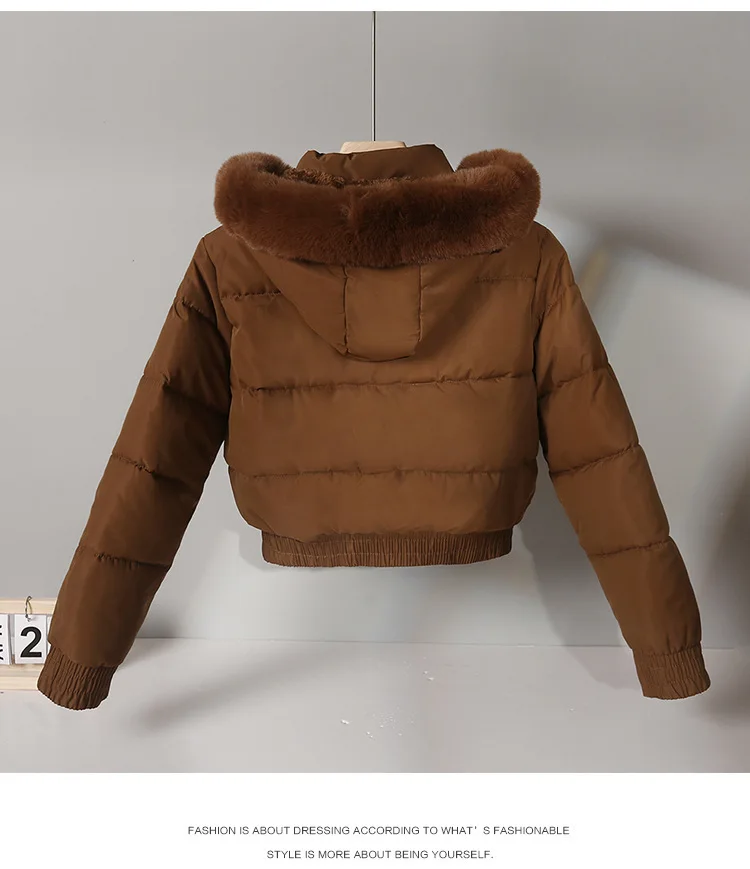 

2026 Short-length Large Fur Collar Cotton Jacket Women's Korean Style Slim-fitting Fashionable Thickened Hooded Jacket