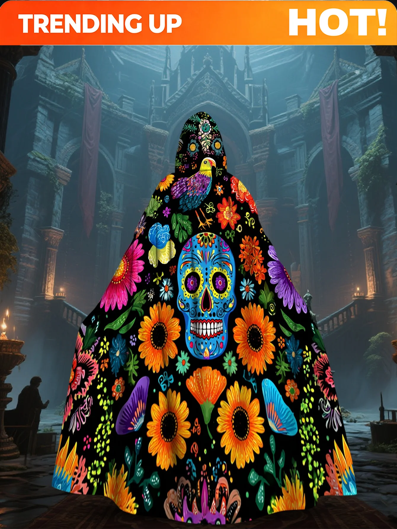 Customization 1pc LianyaoShi Selection 2D Flat Printing Day Of The Dead Casual Cloak For Casual Attire Sugar Skull Flower
