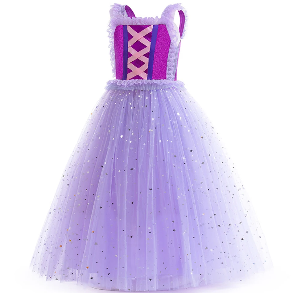 Rapunzel Star Sequin Mesh Gown Girls Cosplay Princess Purple Sleeveless Dress Kids Birthday Event Festival Party Fancy Costume