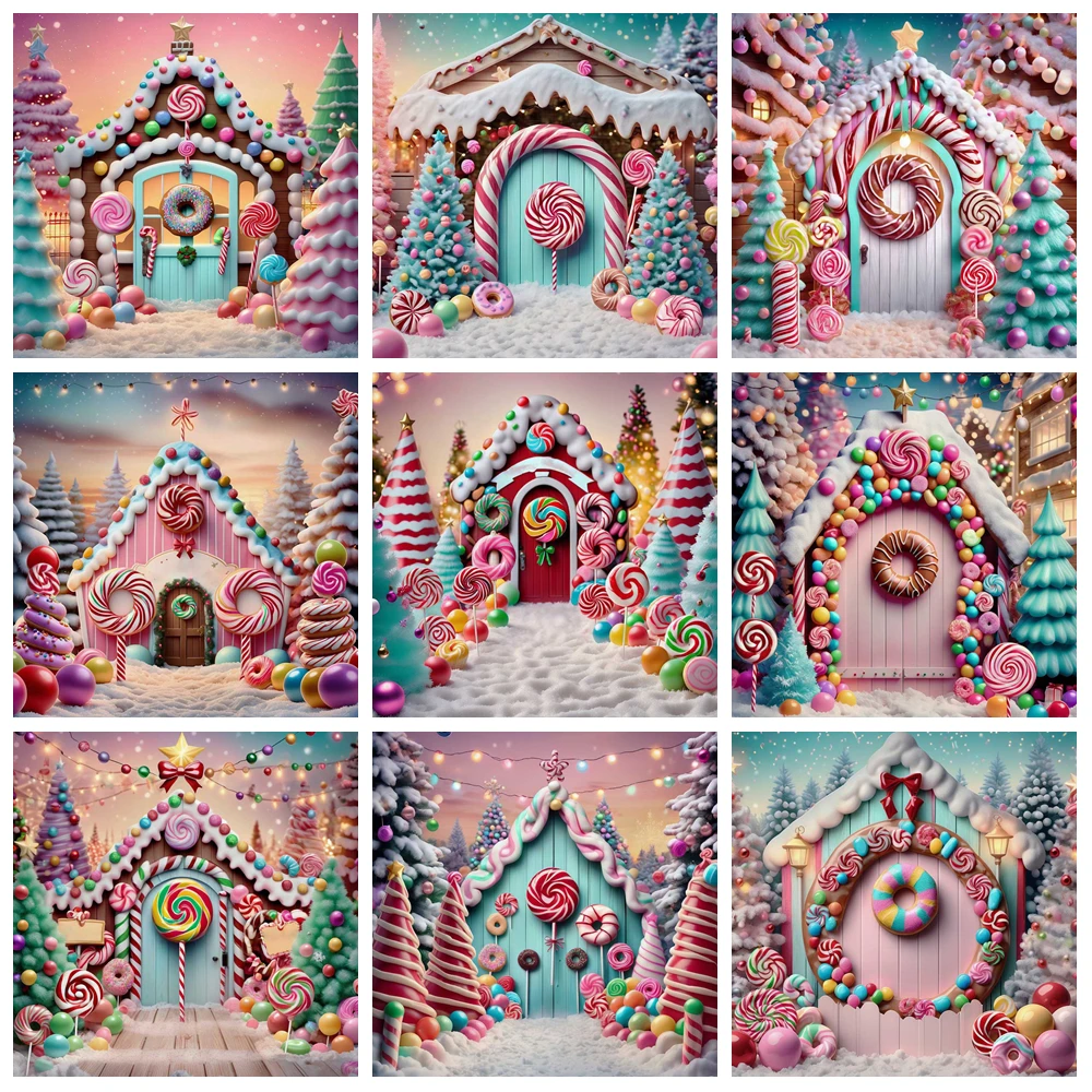 

MOON.QG Christmas Candyland Background Pink Candy Cane Lollipop House Backdrops for Photography Accessories Photobooth Photozone