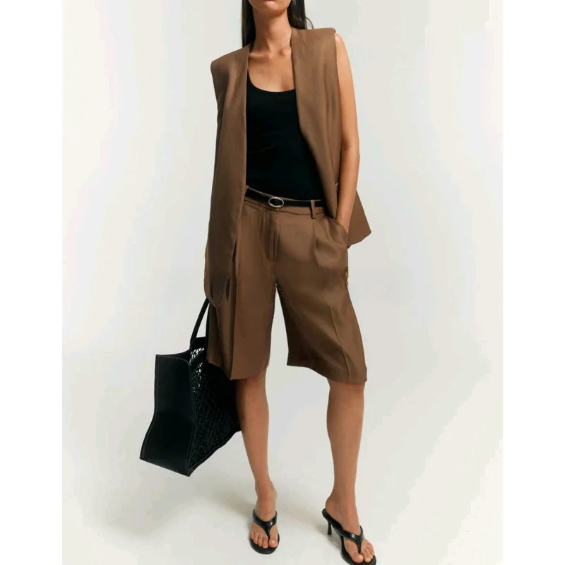 Autumn New Women's Loose V-ne Commuter Jaet High Waist Bermuda orts Two-piece Set Casual Sle Adult Faion Ensemble