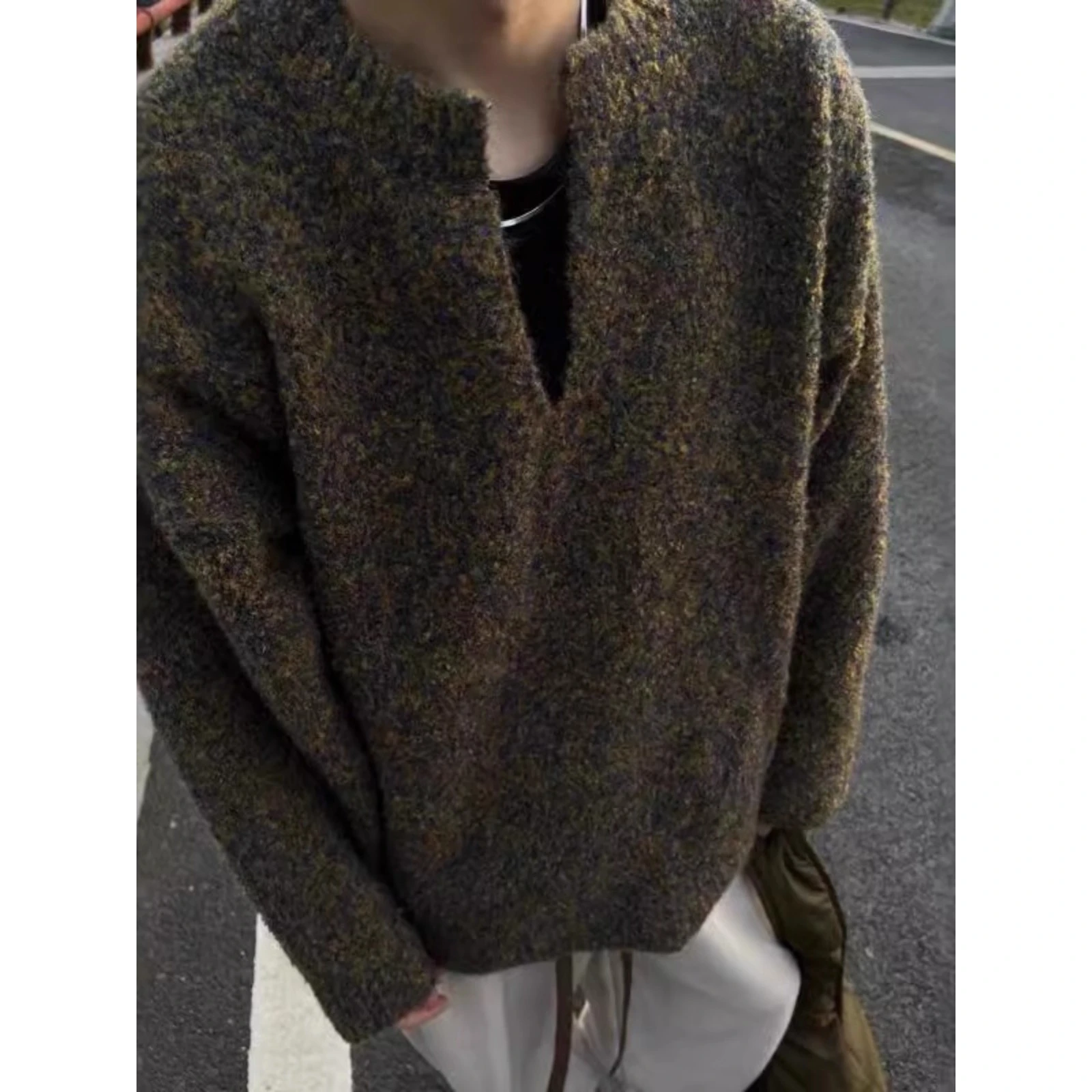 فضفاضة تناسب V-Ne تريكو الرجال عادية Sle الأمريكية الرجعية سترة معطف ألياف البوليستر الشباب الخريف الشتاء Faion ملابس خارجية #5