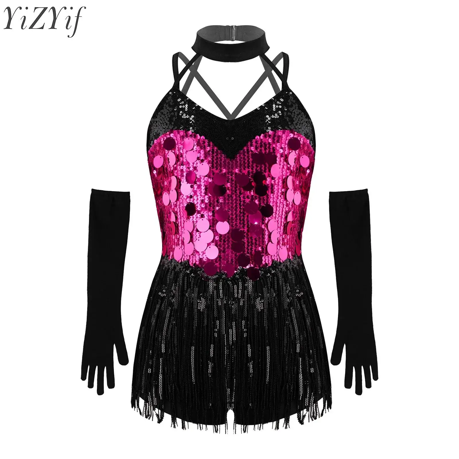 Kids Girls Tassels Latin Jazz Dance Dress Children Halter Sleeveless Sequins Fringed Dress for Carnival Festival Themed Parade