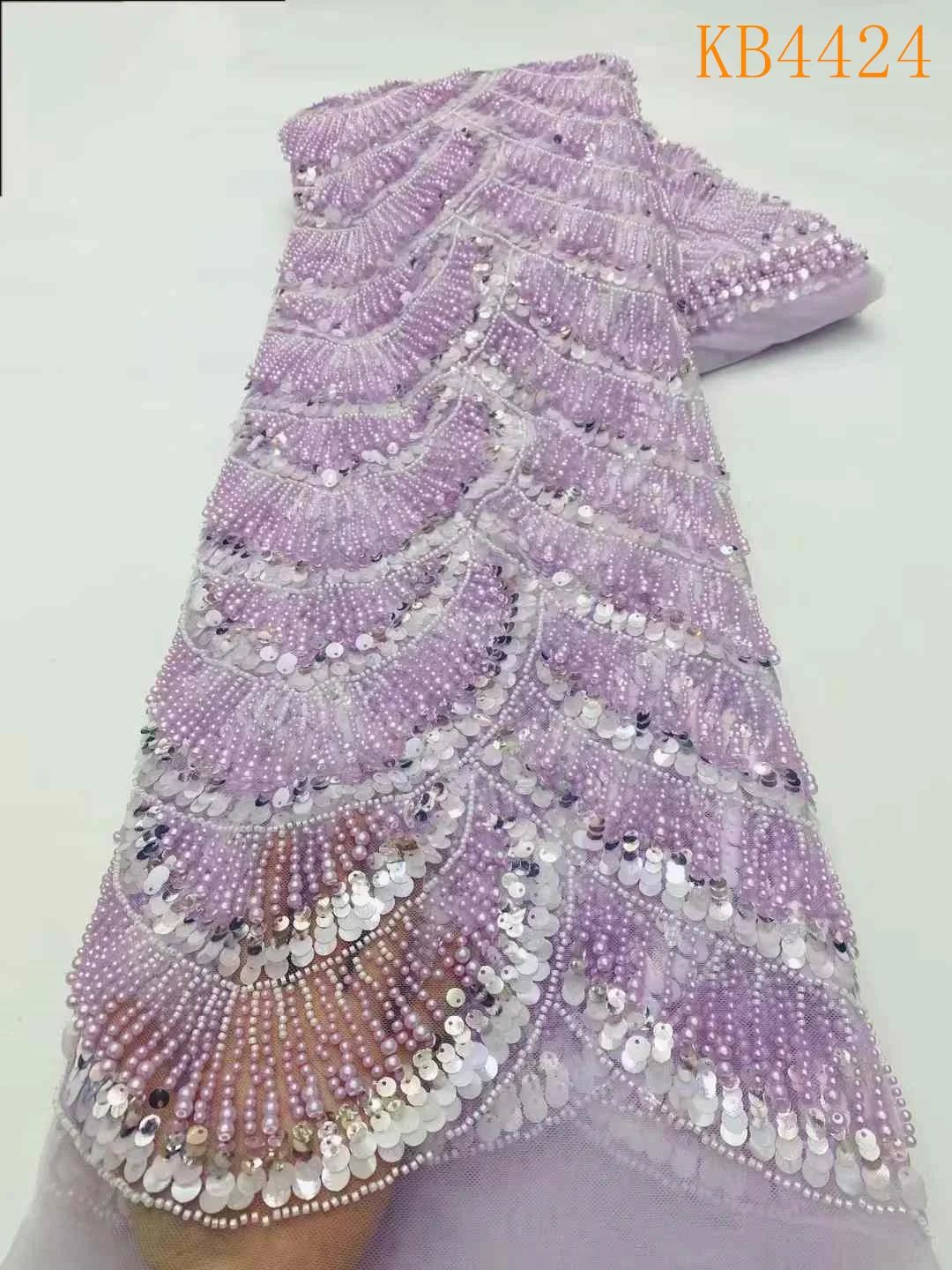 

Purple Lilac Fabric Glitters Beads Lace Fabrics African Lace Fabric 5 Yards High Quality 2025 White Beads Lace For Sewing KB4424