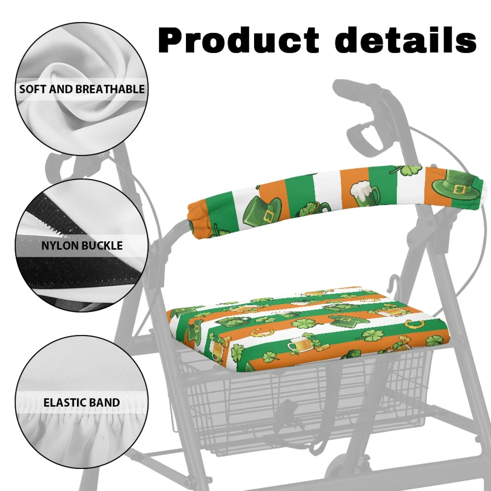 Coloranimal Irish Flag and Clover Pack of 2 Walker Seat Set Polyester Fabric Walker Seat Cushion Cover for Senior Ladies view 5