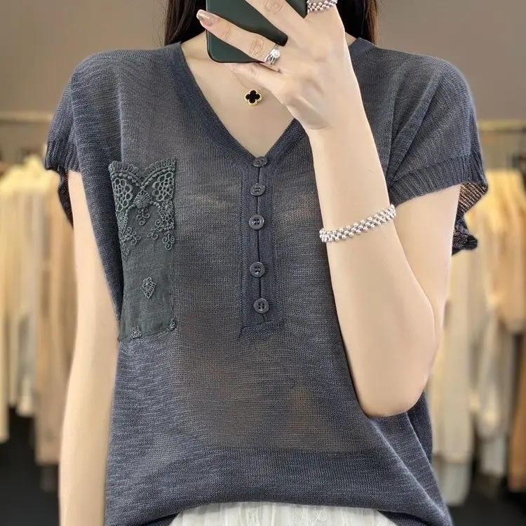 

Summer Bamboo Joint Hemp Hook Flower Pocket Short Sleeve T-shirt Women V-neck Button Thin Cotton Linen Top Ice Silk