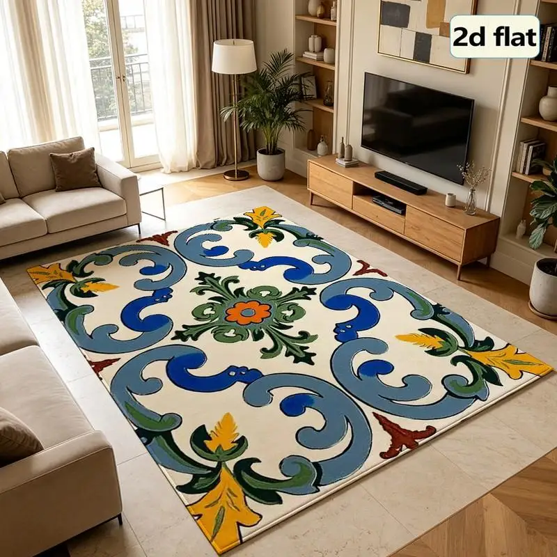 1 Piece Of Vintage Mediterranean Floral Tile Design Rug, Soft Comfortable, All Seasons Suitable, Easy To Maintain, Home Decor, Room Decor, Living Room, Bedroom, Entryway, Autumn And Winter