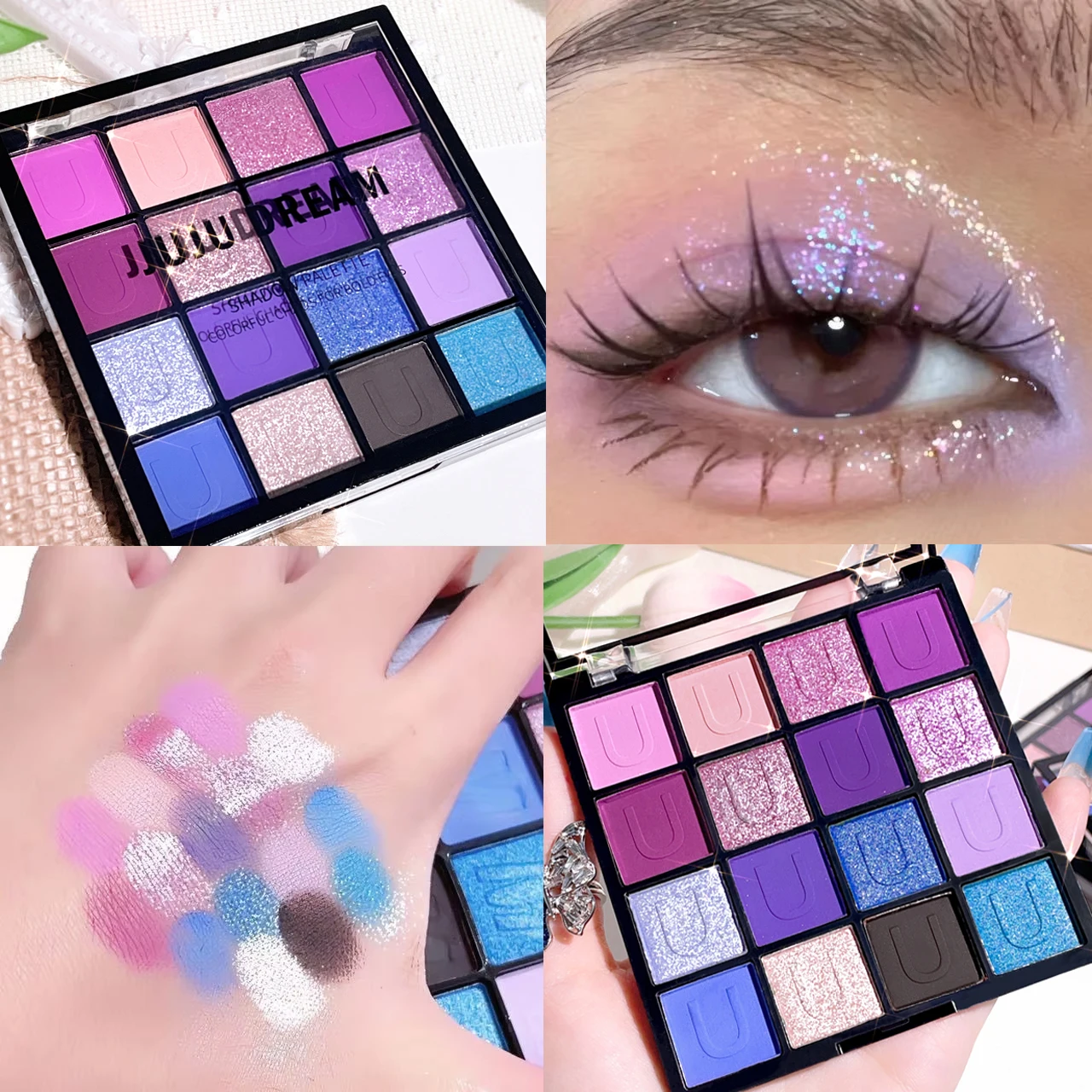 16 grid red eyeshadow tray Purple, glitter pearl matte eyeshadow, Shimmer makeup lasting women, Korean eye cosmetics