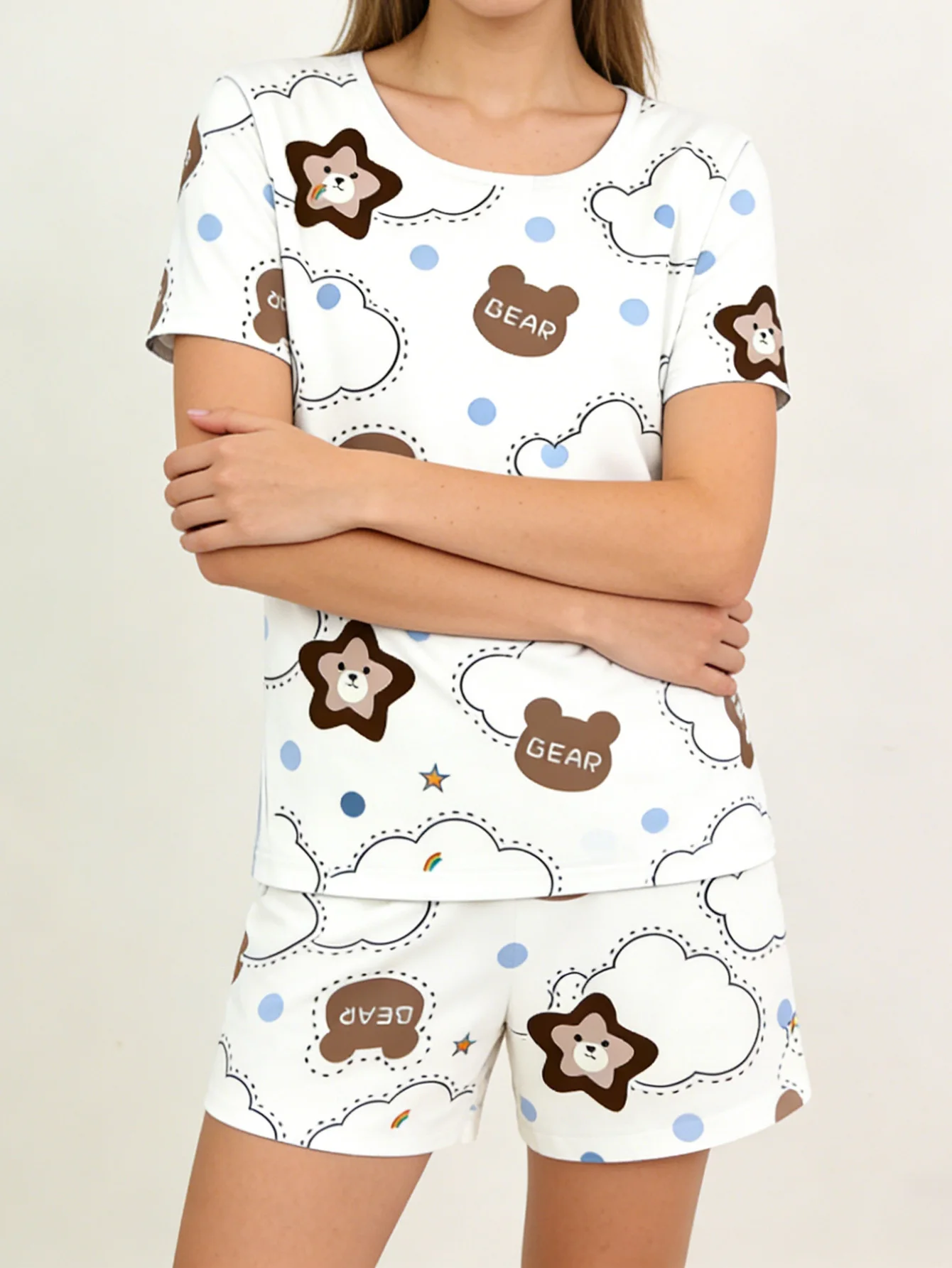 

Женский пижамный комплект с короткими рукавами и принтом медвежонка