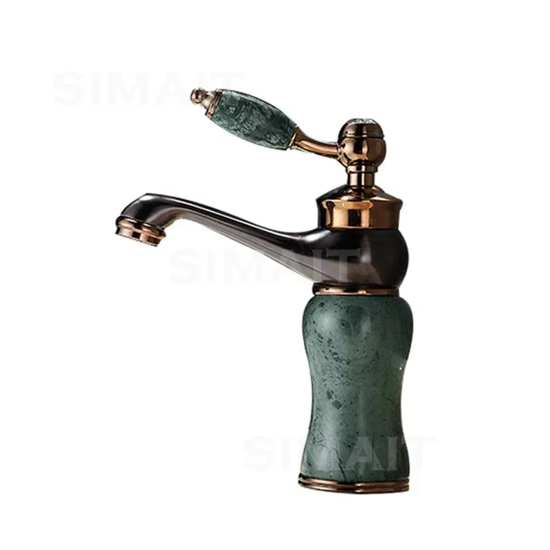 Natural Jade Basin Faucet, Retro Light Luxury Splash-Proof Hot & Cold Mixer with Full Copper Body for Bathroom