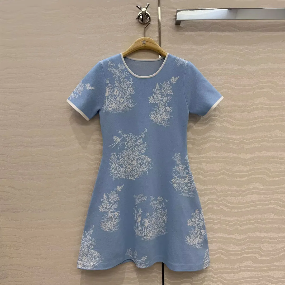 2026 New Summer Knitted Positioning Jacquard A-line Sweet Dress Women O-neck Short Sleeve Slim Waist Elegant Chic Dresses