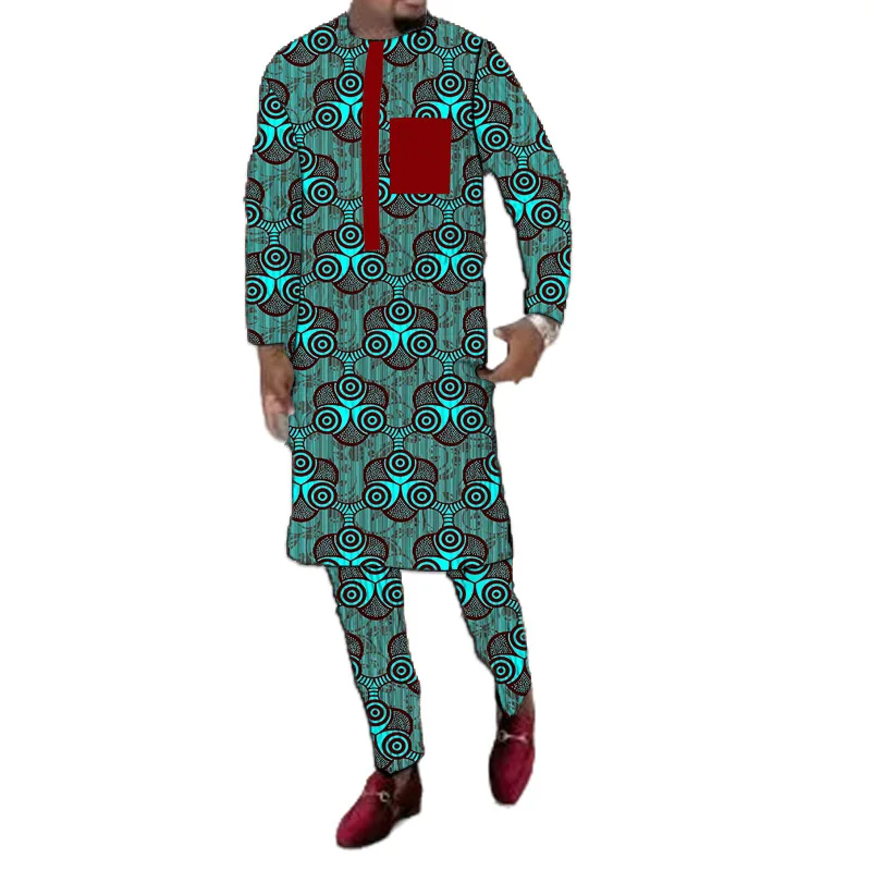 Original Design Wax Print Men's Set Private Size Long Sleeve Shirt+Pant Tailor Made African Traditional Wedding/Party Groom Suit