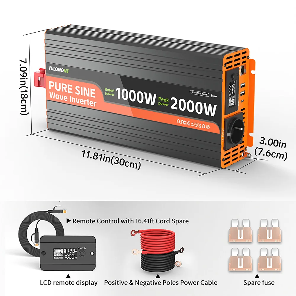 YULONGNE Pure Sine Wave Inverter DC12V Peak 3000W to AC230V EU Socket Converter with Remote LCD Display for RV Camper Solar Emer