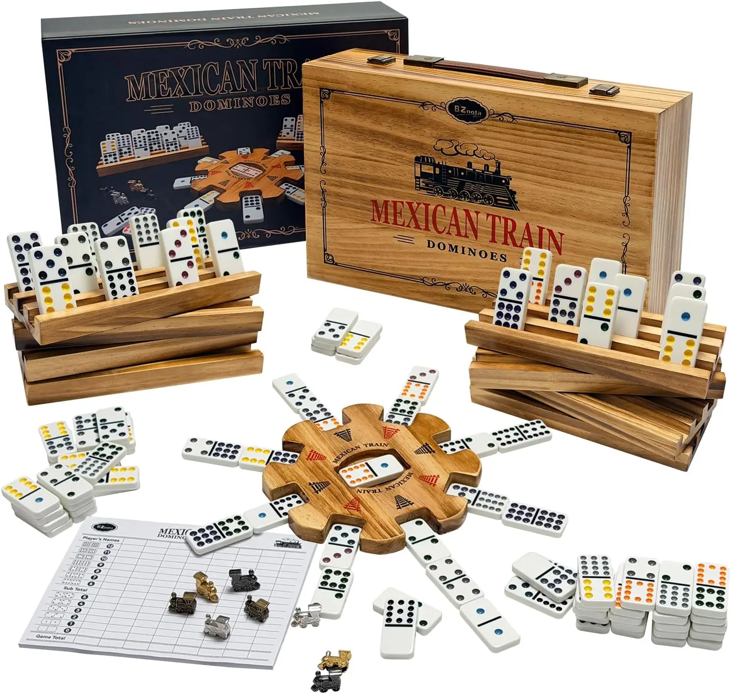 

Double 12 Mexican Train Dominoes Set with 8 Wooden Holders & Metal Trains, 91 Tiles in Wooden Case, Travel Game for Family