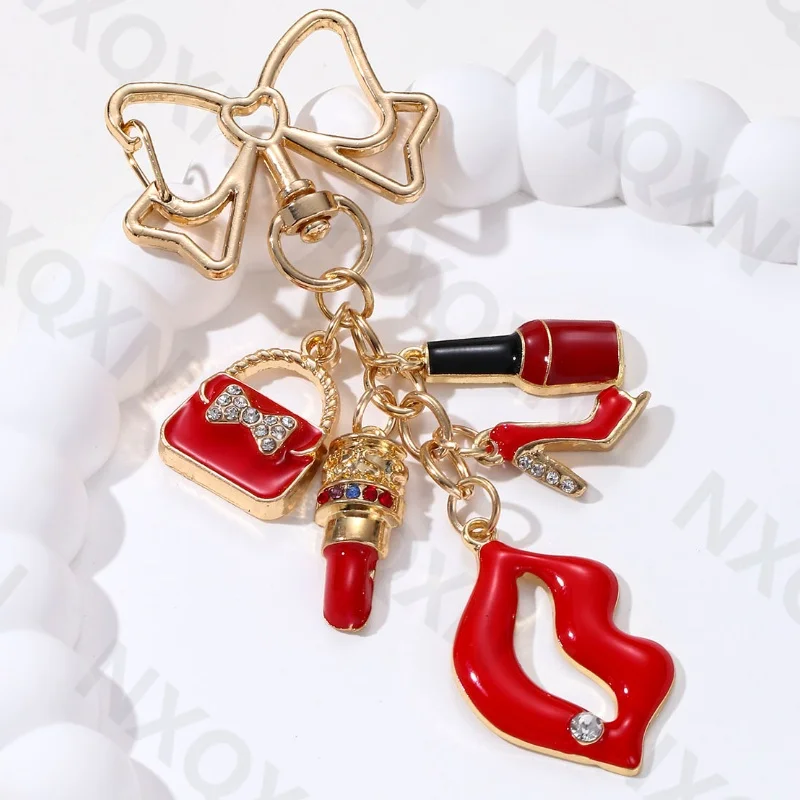 Cartoon Flamingo Lips High Heels Heart Keychain Pretty Handbag Enamel Key Ring For Friends Women Girl Festival Gifts DIY Jewelry