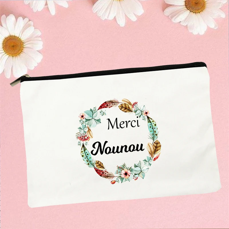 Merci Nounou French Print Travel Canvas Wash Storage Pouch Best Gift Female Toiletries Organizer  Makeup Bag Women Cosmetic Case