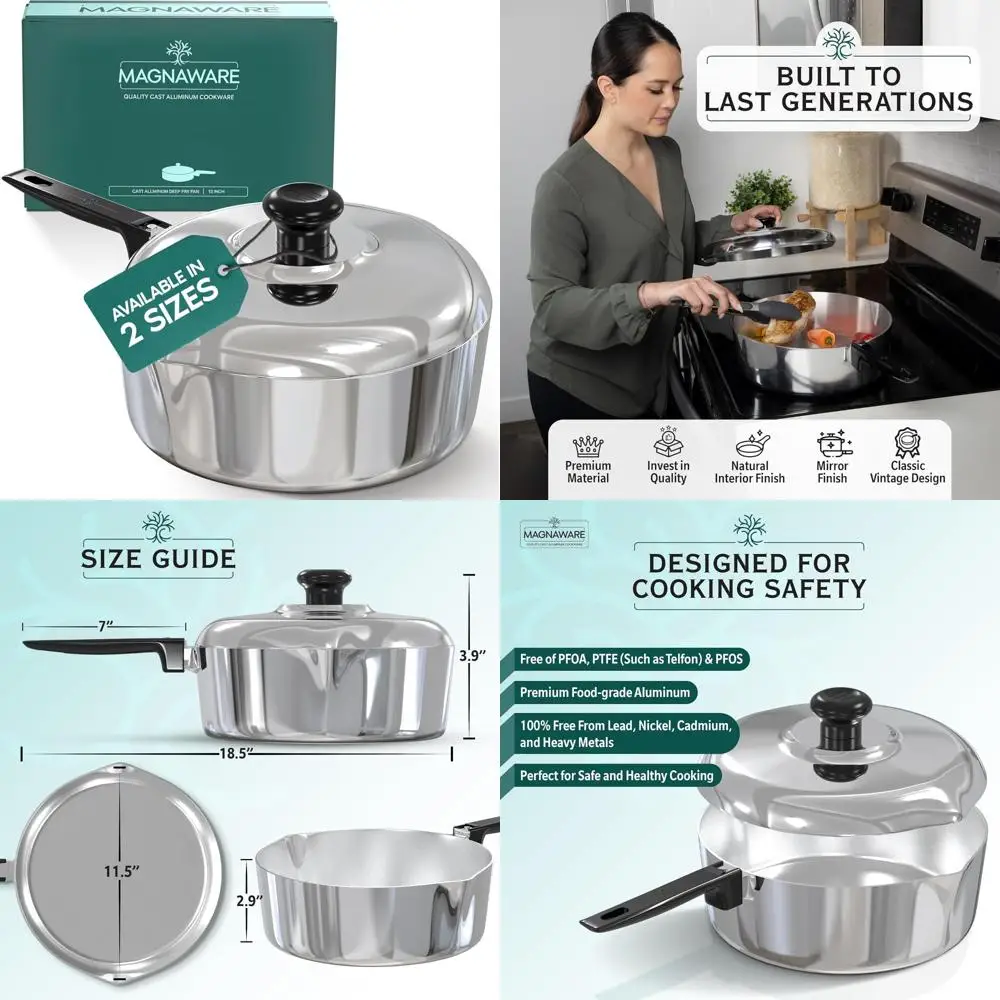 

12-дюймовая безопасная алюминиевая сковорода для соте с крышкой, сковорода с двумя боковыми изливками, эргономичная крутая ручка для приготовления пищи