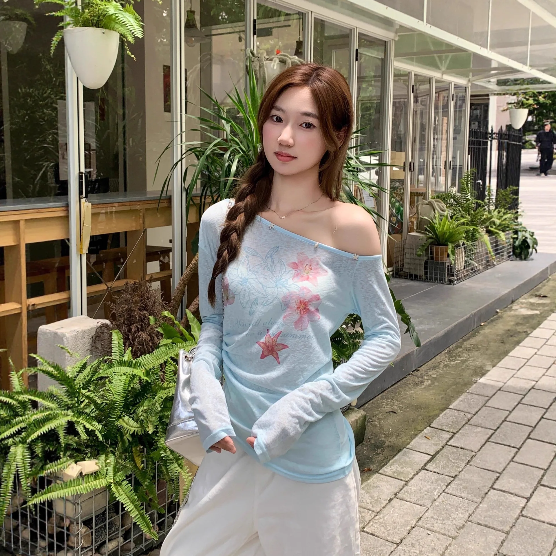 Sweet Floral Print Asymmetrical Shoulder Long Sleeve round Neck Women's T-Shirt Lightly Transparent Summer Sun Protection Top