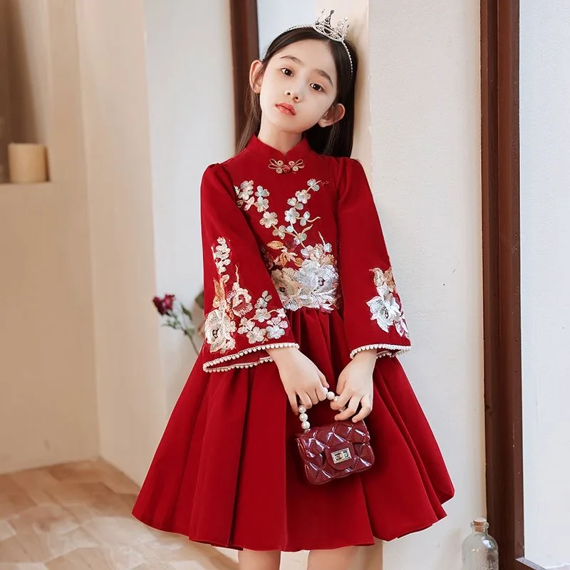 

Winter Thick Qipao Dress Girl Teenager Chinese New Year Clothes Red Embroidery Cheong Sam Dresses for Kids Princess Girls 2024