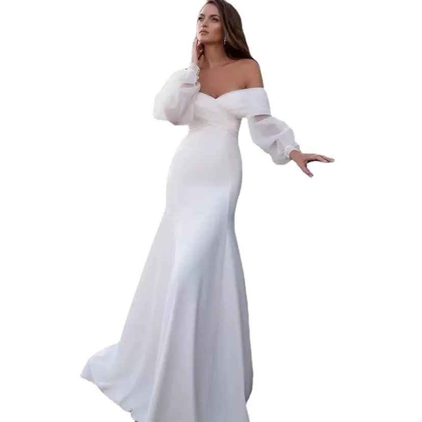 Vestidos de casamento femininos outono novo simples branco de um ombro bem-vindo viagem fotografia cetim luz vestidos de casamento