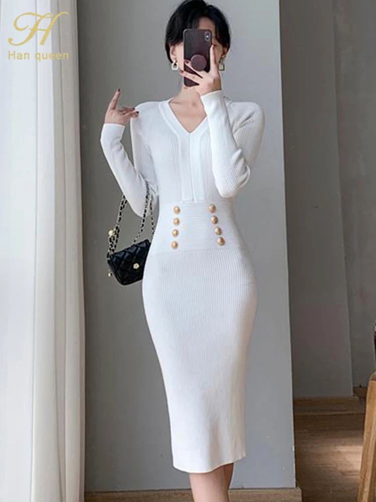 H Han Queen New Autumn Winter Thick Stretch Knitted Pencil Dresses Simple V-Neck Party Dress Fashion Buttons Bodycon Dress Women