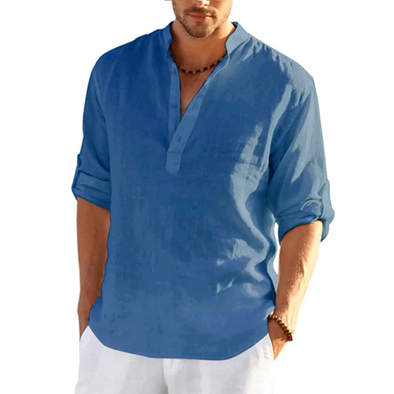 New Mens Cotton Tshirts Casual Linen Shirt Loose Long Sleeve Shirts Spring Breathable V-neck Clothing Plus Size Tops 5XL