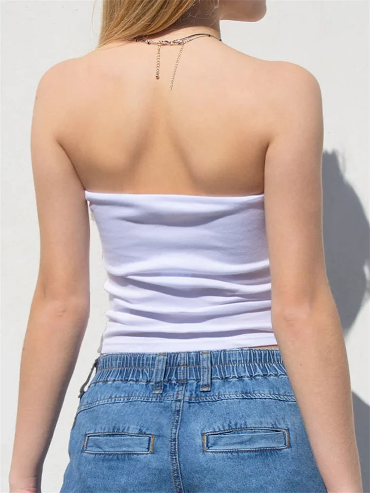 Women White Crop Tops Summer Street Style Sleeveless Strapless Ribbed Tube Tops Solid Color Base Vest Tops Backless Tank Tops