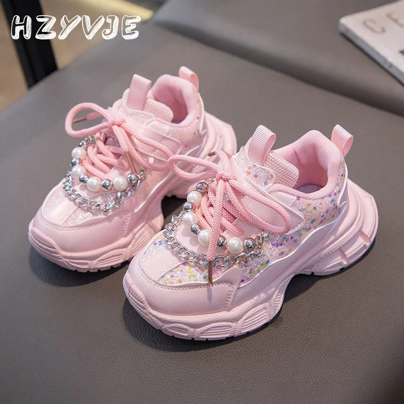 Girls Fashion with Chain Princess Shoes Winter Plush Warm Thick Sole Sports Shoes Middle and Large Kid Casual All-match Sneakers