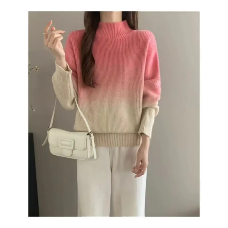 Autumn and Winter Gradient Color Half Turtleneck Sweater for Women with Western Style Inner Sweater Base Layer Pullover Top