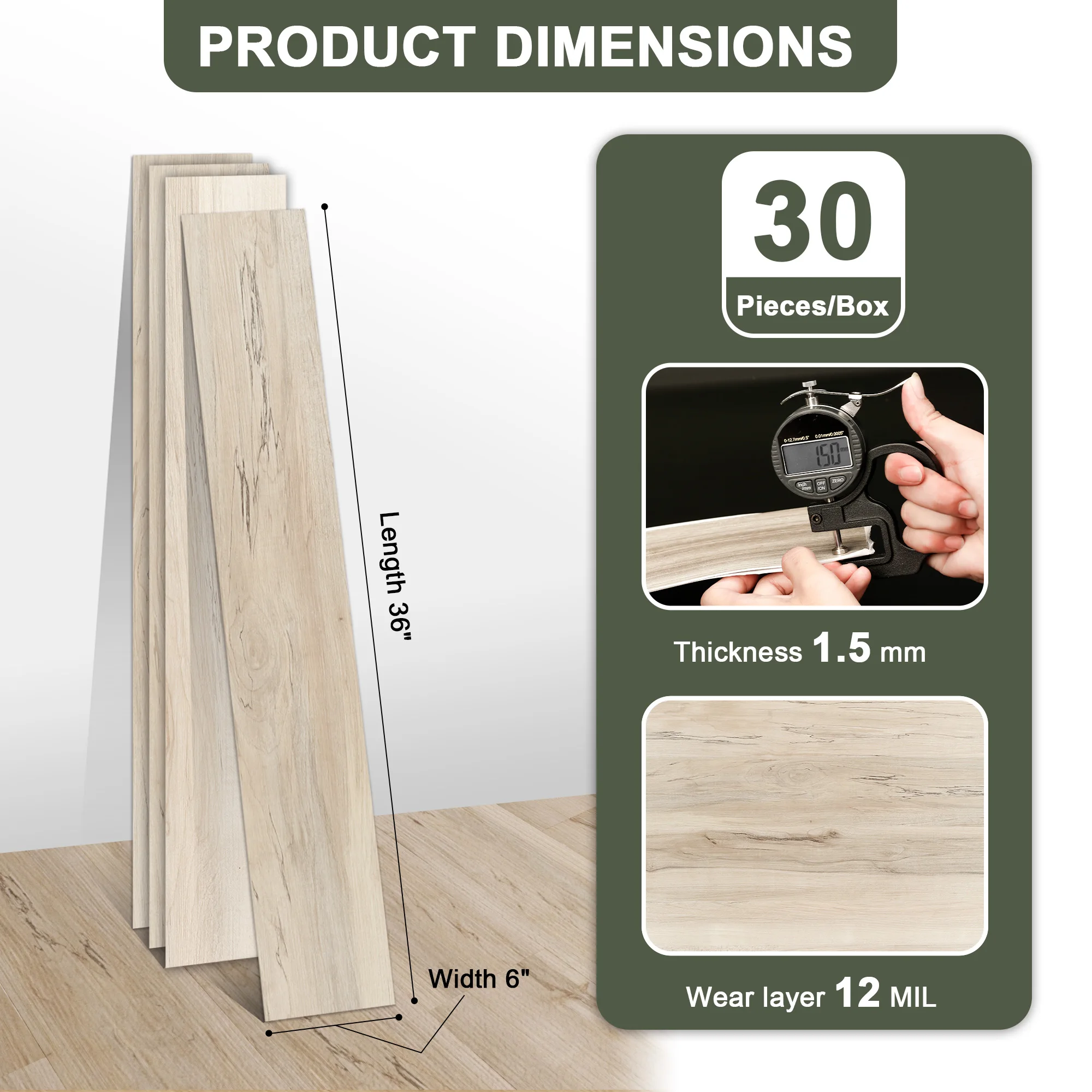 30 قطعة 6 بوصة. × 36 بوصة. بلاط أرضيات قابل للتقشير والالتصاق بسمك 1.8 ملم للولايات المتحدة