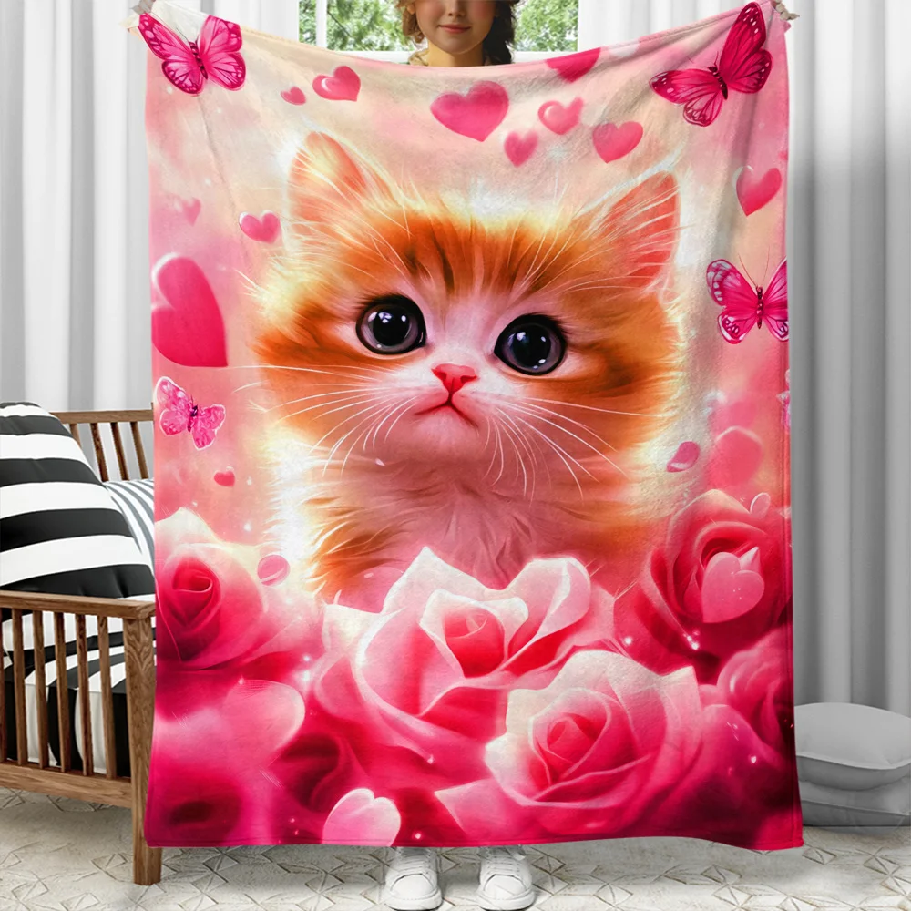 

Милый котенок, розы, сердечки, бабочки, розовый фон, фланелевое одеяло, мягкое уютное одеяло для детей, декор для спальни для девочек, подарок