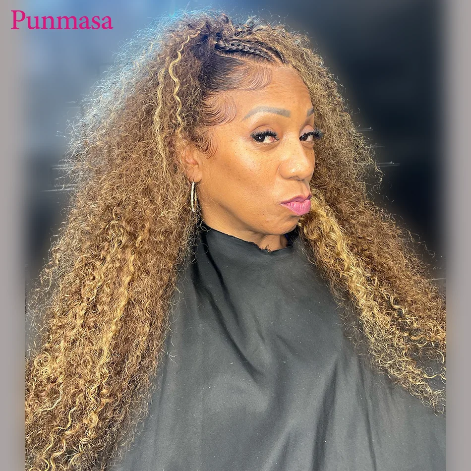 Punmasa 4/27 Highlight Omber Color Curly Wave Peruvian Remy Glueless 200% 13x4 Transparent Lace Frontal Wig 13x6 Lace Front Wig