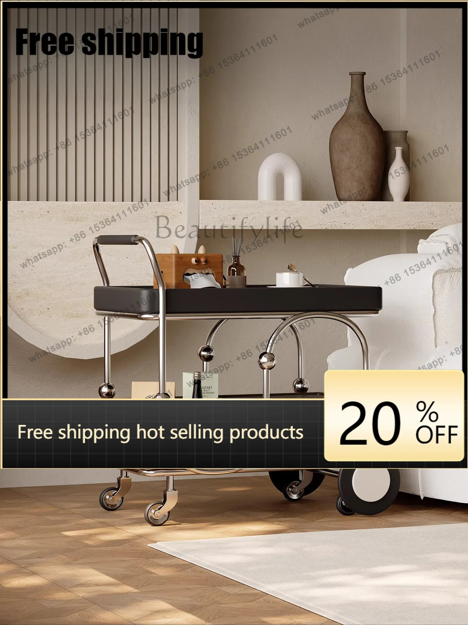 LD Italian Trolley Side Table Antique Living Room Multi-functional Movable Small Coffee Table