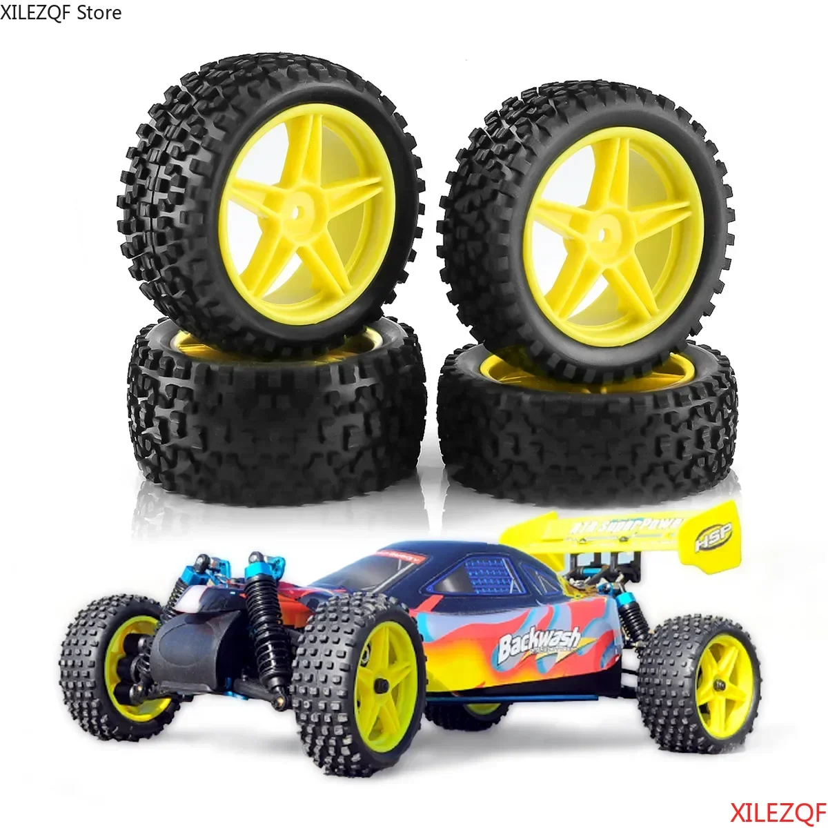 1:10 RC Off-Road Tires & Wheels Set | RS Wear-Resistant Rubber Tyre + Plastic Rims | Fits HSP 94107/94166 & Tamiya/Wltoys 144001