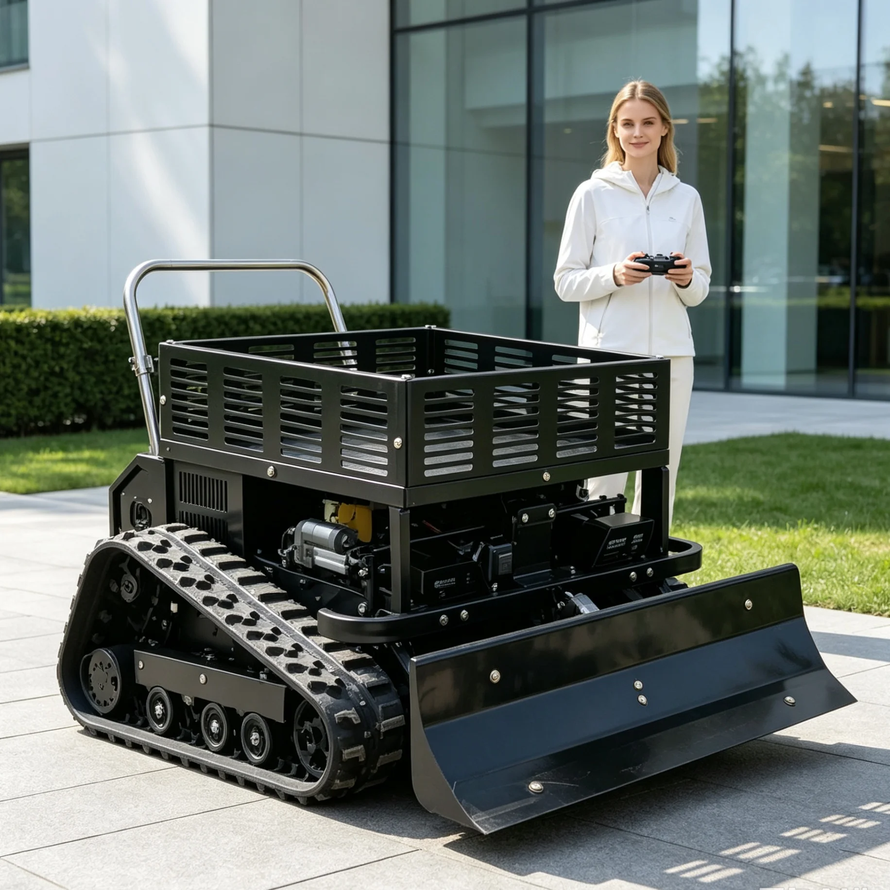 Customized snow‑shovel accessory  expandable storage rack, 550 tracked lawn mower with GPS navigation maintains large‑area