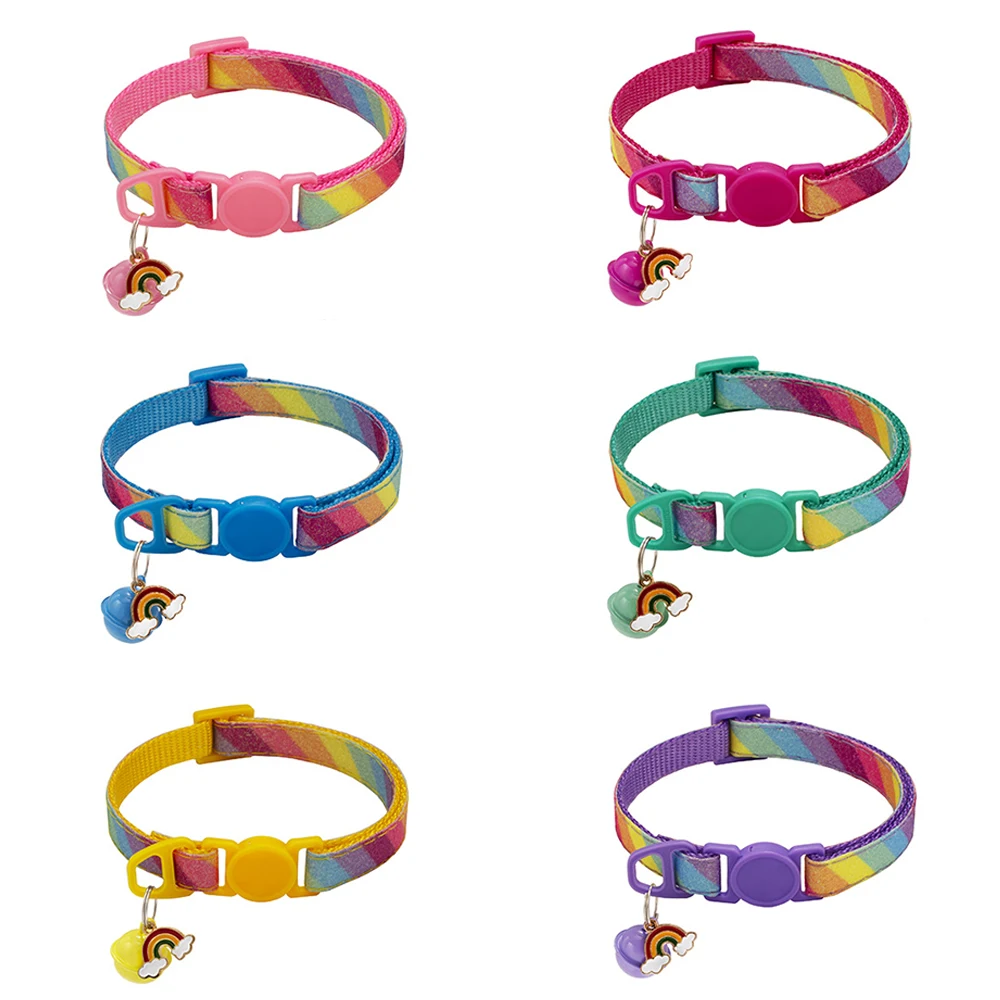 Rainbow Cat Collar with Bell Safety Casual Nylon Dog Collar Basic Training Neck Strap for Small Medium Dogs Cats Pet Accessories