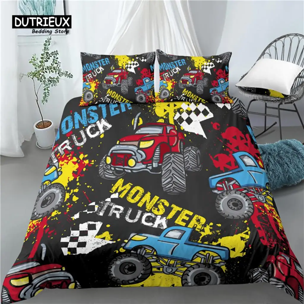 Rumah tinggal kartun Monster mobil cetak 2/3Pcs selimut nyaman penutup sarung bantal Set tempat tidur Queen dan King AU/EU/US ukuran