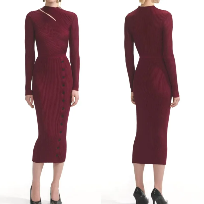 2025 ฤดูใบไม้ร่วงสไตล์ฝรั่งเศสชุดถัก-ไวน์แดงRibbed Cut-Out,คอกลมแขนยาวElegant Midi Dress,Viscose Blend