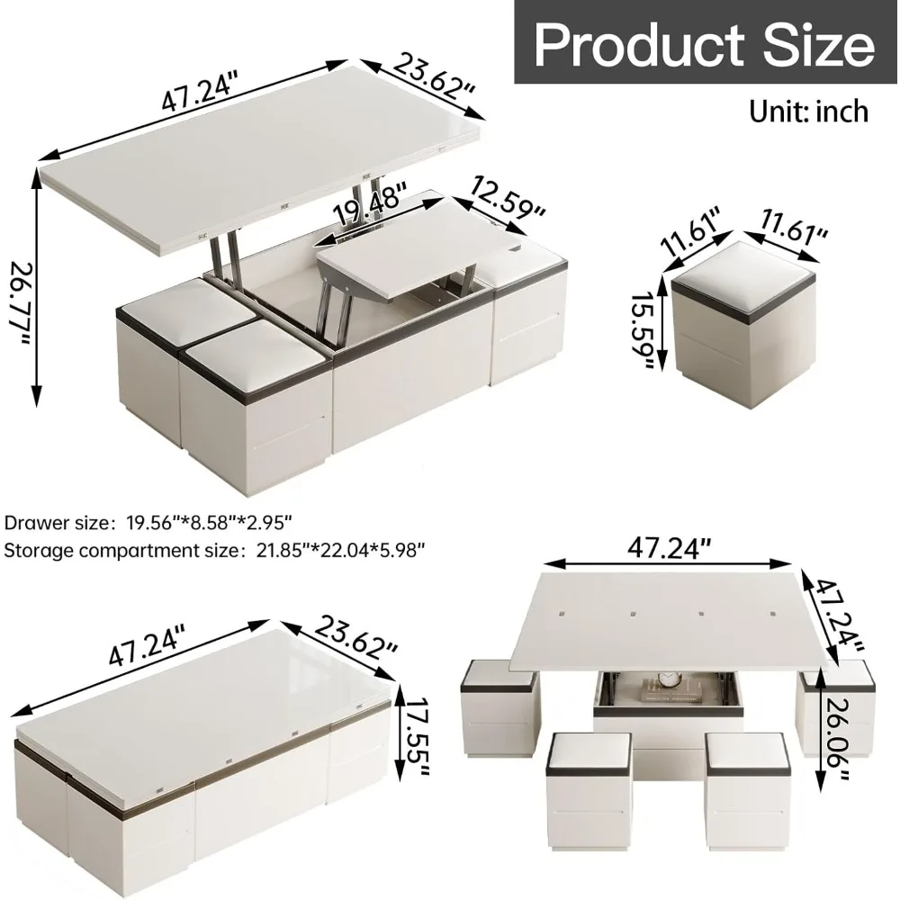 White Lift Coffee Table with 4 Chairs, 47 Inch Modern Coffee Table, Lift Coffee Table with Wheels and Drawers