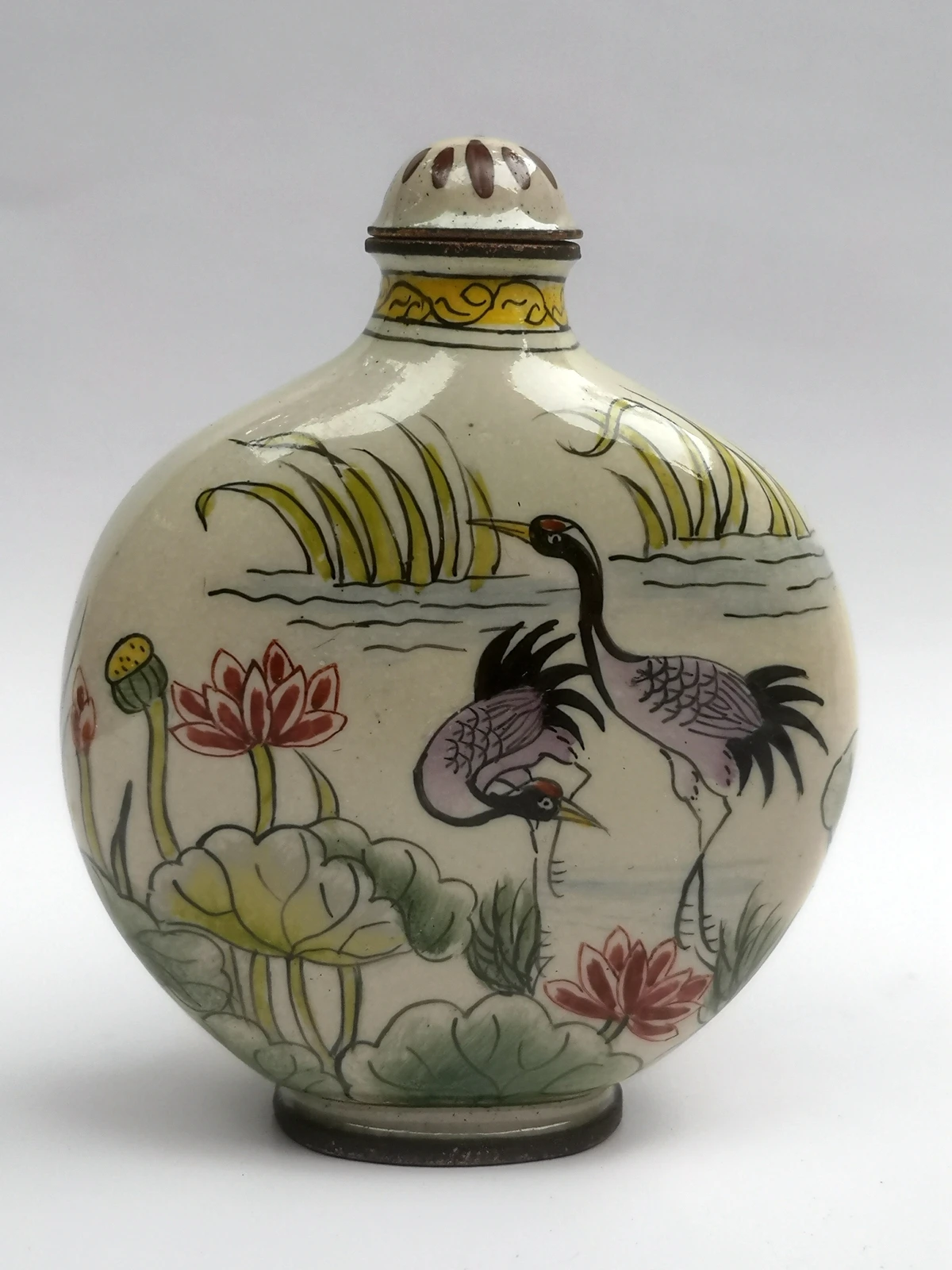 

Collection Vintage art Chinese Cloisonne Painting Flowers and Birds Crane Snuff Bottle Decoration small bottle