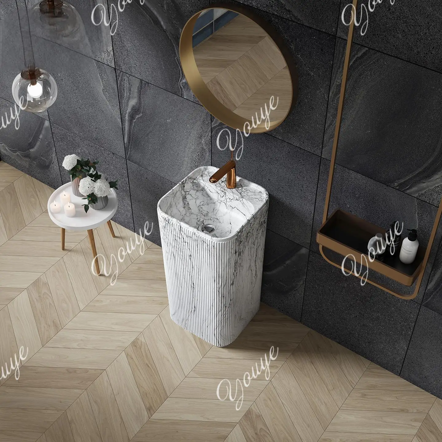 

Luxury Calacatta Pedestal Sink, Italian Freestanding Artificial Marble Basin with Faucet for Hotel Villa, Customizable