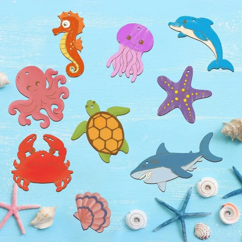 10pcs Wooden DIY Sea Ocean Animals Ornaments Seahorse Unfinished Wood DIY Craft Starfish Octopus Turtle Crab Whale Wood Crafts