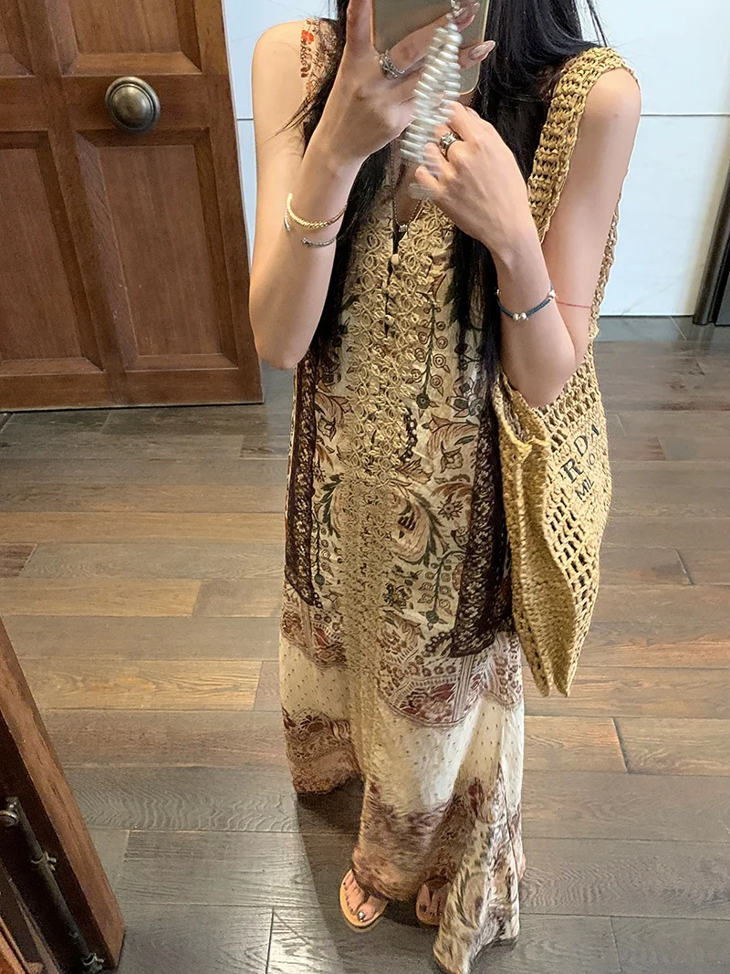 Vaion Sle Bloemenprint V-Ne Dames Dr Strandrok Lange Svel Jurk Hoge Taille en Etnische Zomer Faion