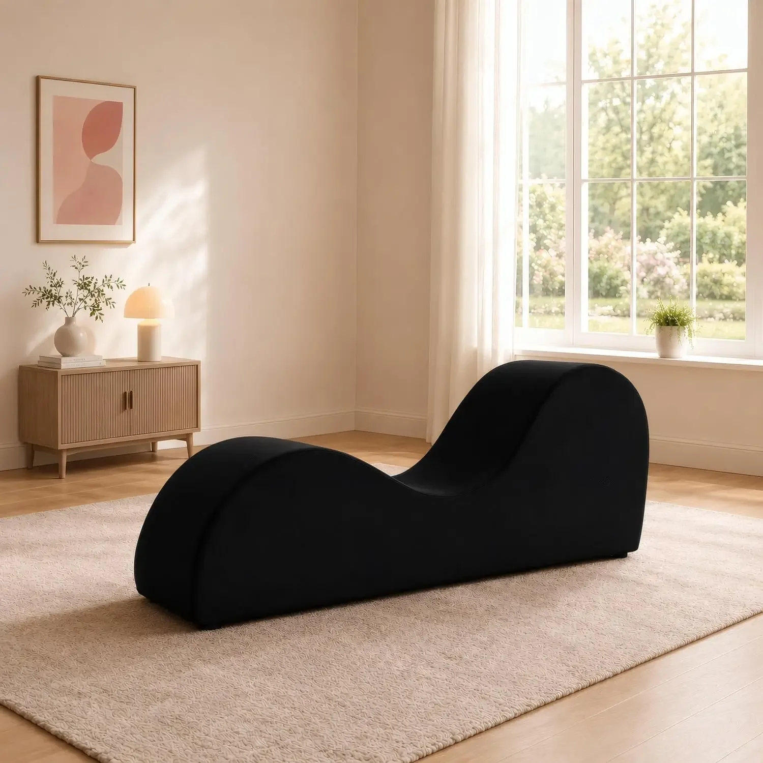 Ergonomic Yoga Chaise Lounge Chair Upholstered Microfiber Reclining Sofa Seat For Deep Stretching Relaxation Meditation Living Room Furniture Black